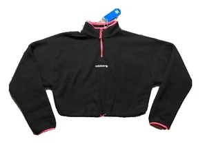 NWT Adidas Polar Fleece Black Pink Cropped Crop Jacket Pullover Sz M - Picture 1 of 10