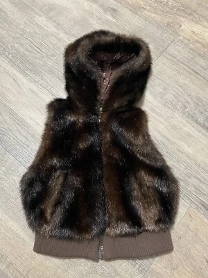 Antiguo Chaleco Azul Marino Imitación Piel Niñas S Capucha Marrón Bolsillos Chaqueta Sin Mangas AB-67 Foto 1 de 4