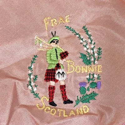 Souvenir Frae Bonnie Scotland Handkerchief, Bagpiper Pink Satin Scalloped Vtg - Image 1 of 4