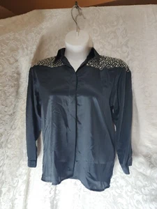 Harbour Vue Vintage Beaded Button Down Blouse Womens Size 10 Black & Silver 5246 - Picture 1 of 8