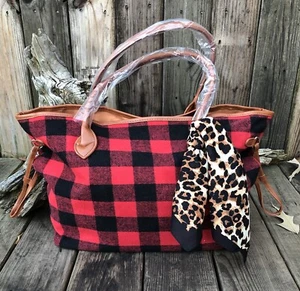 SALE! CHECKERED FLANNEL BUFFALO PLAID TOTE OVERNIGHT BAG PURSE LEOPARD SCARF - Picture 1 of 7