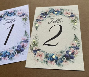 Navy blue flowers, Blush pink roses wreath TABLE NUMBERS cards greenery wedding - Picture 1 of 12