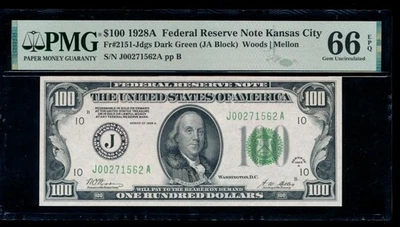 AC 1928A $100 Kansas City FRN PMG 66 EPQ Fr 2151-J top pop 6/0 - Image 1 of 2