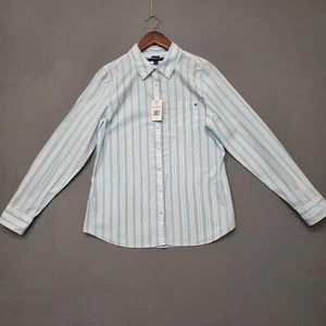 Tommy Hilfiger Women's Classic Fit Blue Stripe Long Sleeve Shirt Size Medium NWT - Picture 1 of 8
