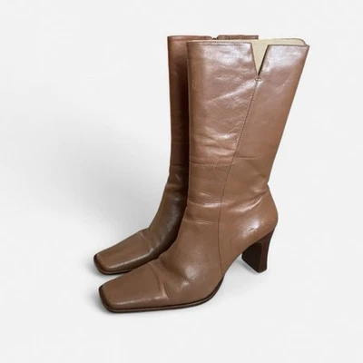 Botas Diba 8 M Cuero Marrón Media Pantorrilla Puntera Cuadrada Cremallera De Colección Años 90 Retro Boho Foto 1 de 4