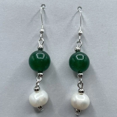 Artisan 925 Sterling Silver Genuine Green Emerald Pearl Dangle Earrings Hook - Image 1 of 4