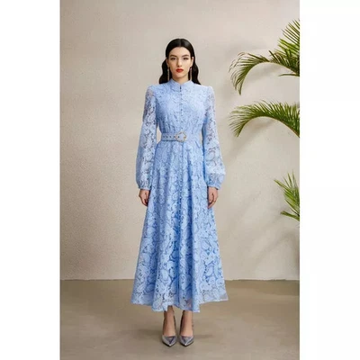 Longue Robe Dentelle Élégant Bleu avec Ceinture Parfait Cérémonie CF51837 - Photo 1/4