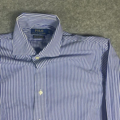Camisa de vestir POLO RALPH LAUREN para hombre calce ajustado azul blanco a rayas elástica talla 15 38 Foto 1 de 4