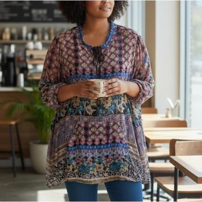 Túnica John Mark Terciopelo Aplastado Azteca Boho Geométrica Top Artístico Floral Talla 3X Foto 1 de 4