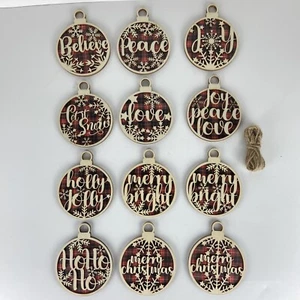 Set of 12 Red Plaid Wooden Rustic Christmas Tree Ornaments w/ Twine | Wood Xmas - Picture 1 of 7