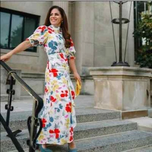 NWOT Rixo for Target White Floral Mock Neck Cascade Dress, sizes 0-26 (B246) - Picture 1 of 12