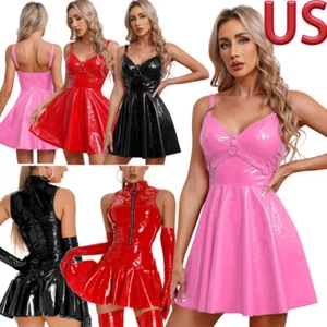 Women's Faux Leather A-Line Dress Steampunk Ruffle Mini PU Skirts Rave Party - Picture 1 of 49