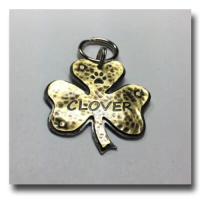 Clover Shamrock Pet ID Dog Name Tag Free Engraving Lucky Irish Brass Nickel - Image 1 of 3