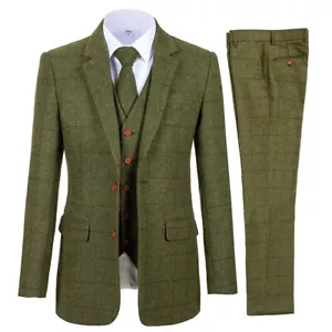 Traje de Tweed Verde Oliva para Hombre de 3 Piezas a Cuadros Vintage Baile de graduación Novio Esmoquin Trajes de Boda - Imagen 1 de 11