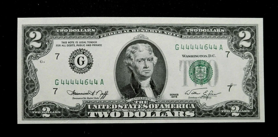 $2 Series 1976. Near solid 4's fancy repeater serial number 44444644. UNC - Image 1 of 2