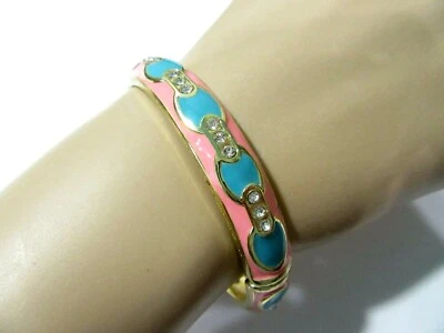 PINK TURQUOISE BLUE CRYSTAL ACCENT HINGED CLAMPER BRACELET CONTEMPORARY MODERN - Image 1 of 4