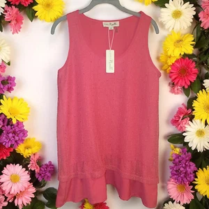 NWT Simply Noelle Mesh Overlay Sequin Sleeveless Tank Coral Pink Tunic Top S/M - Picture 1 of 5