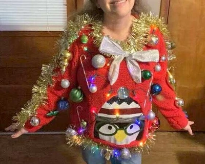 Ugly Christmas Sweater Penguin Balls Garland Lights Red Womens L - Image 1 of 4