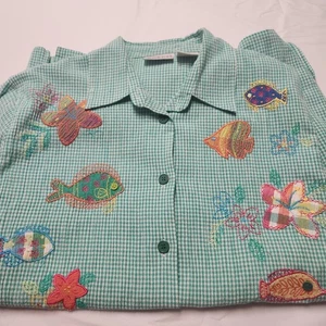 Camicia Koret Francisca verde ricamata pesce blusa con bottoni piccola spiaggia crociera - Foto 1 di 7