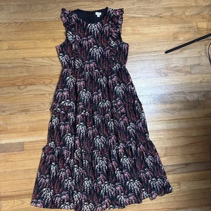 J. Crew Womens Sz 10 Black Red Floral Ruffle Tiered Midi Dress Sleeveless - Picture 1 of 8