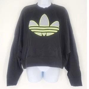 Adidas Trefoil Neon Gingham Logo Cropped Sweatshirt Black Women’s Size L - Picture 1 of 8