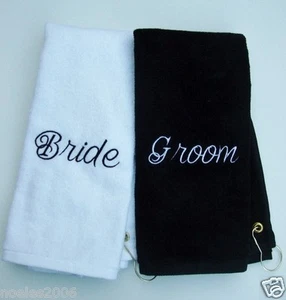 Bride and Groom Embroidered Golf Bowling Towel Set Wedding Gift - Picture 1 of 1