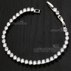 18K WHITE GOLD GF SEMI-BEZEL ROUND CRYSTAL WOMENS TENNIS CHAIN BRACELET BANGLE - Picture 1 of 6