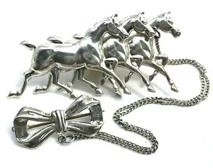 Vintage Sterling Silver 3 Running Horses Equestrian Brooch With Safety Chain & B - Picture 1 of 6