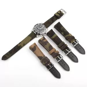 18 20 22mm Leather Watch Band Suede Camouflage Military Style Replacement Strap - Picture 1 of 7