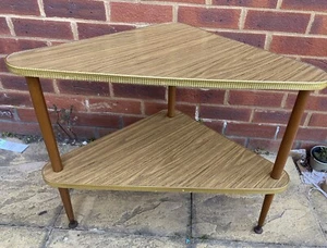Vintage Mid Century Design Wooden Formica Triangular 2 Tier Corner Table Classic - Picture 1 of 11