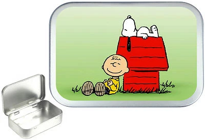 TEEZ Snoopy .Silver Hinged Tobacco Tin, Sewing Box. Storage , Pocket Tin 1oz & 2oz
