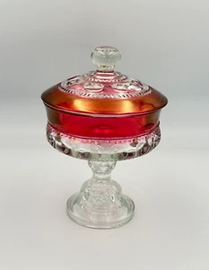 Vintage Ruby Flash Kings Crown Round Glass Pedestal Lidded Compote 7" Candy Dish - Picture 1 of 19