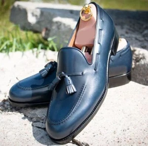 Handgefertigte Herren Premium Qualität Blau Leder Halbschuh Mokassin Slipper Elegant Schuhe - Bild 1 von 3