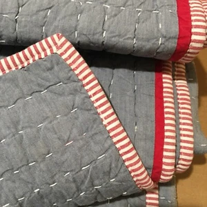 POTTERY BARN Gray Pick Stitch Wheaton Red Striped Cotton/Linen Quilt~Twin - Picture 1 of 8