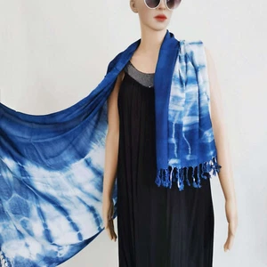 Indigo Tie Dye Cotton Scarf, Hand Dyed Shibori Shawl Wrap with Fringe, 37''x78'' - Picture 1 of 15