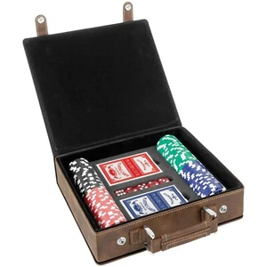 POKER CHIP CASE with CARDS, DICE, and CHIPS BROWN LEATHERETTE - Picture 1 of 3