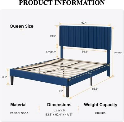 Cabecero ajustable con marco de cama tapizado completo/queen/king, azul Foto 1 de 4