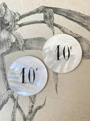Lot de 2 anciens jetons de casino en Nacre Gravée rose XIXè - 10f Jeux - Photo 1/3