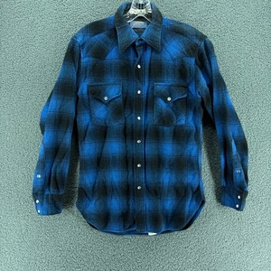 Pendleton Wool Western Shirt Mens Small Blue Plaid Ivory Snaps Portland Oregon - Picture 1 of 7