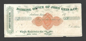 U.S. 1873 BANK CHECK, BANKING OFFICE OF JOHN GEIS & CO, SALINA W/ REVENUE RN-D1 - Picture 1 of 2