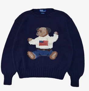 Polo Bear Sweater USA Flag Hand Knit 90's Vintage Ralph Lauren Men Size L Used - Imagen 1 de 11