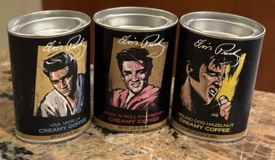 Three 2010 Elvis Presley Coffee Tins 2.25 oz. Each 2.25” Tall Unopened NOS - Image 1 of 3