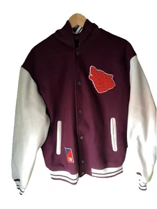 Zara Letterman Jacket Burgundy White Cream Wolf Men’s Jacket Sz Large NWT - Picture 1 of 18