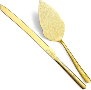 Gold Wedding Cake Knife and Server Set, Titanium Gold Plating with Unique Patter - Picture 1 of 12