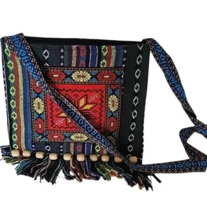 KATATSA NEW Black Red Crossbody Bag Decorative Pattern and Tassels Vacation - Picture 1 of 6