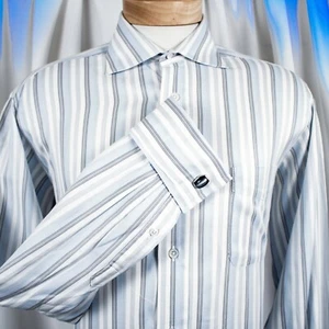 FACONNABLE French Cuffs Blue White Gray Striped Cotton Men Dress Shirt Size 16 - Picture 1 of 7