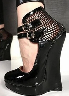 37 Giaro SLICK EXTREM 18cm Fishnet Wedge high heels Black leather PU pumps - Photo 1/4