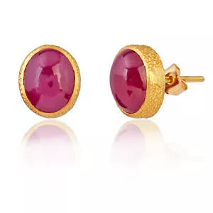 8.58Ct. Ruby Oval Stud Earrings 18k Textured Yellow Gold Women's Fine Gift - Picture 1 of 8