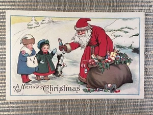 Cartolina Buon Natale Babbo Natale consegna giocattoli a bambini e cani - Foto 1 di 2