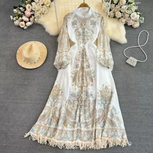 Autumn Runway Maxi Dress Women's Long Sleeve Stand Vintage Print Tasse s-xxl - Picture 1 of 6